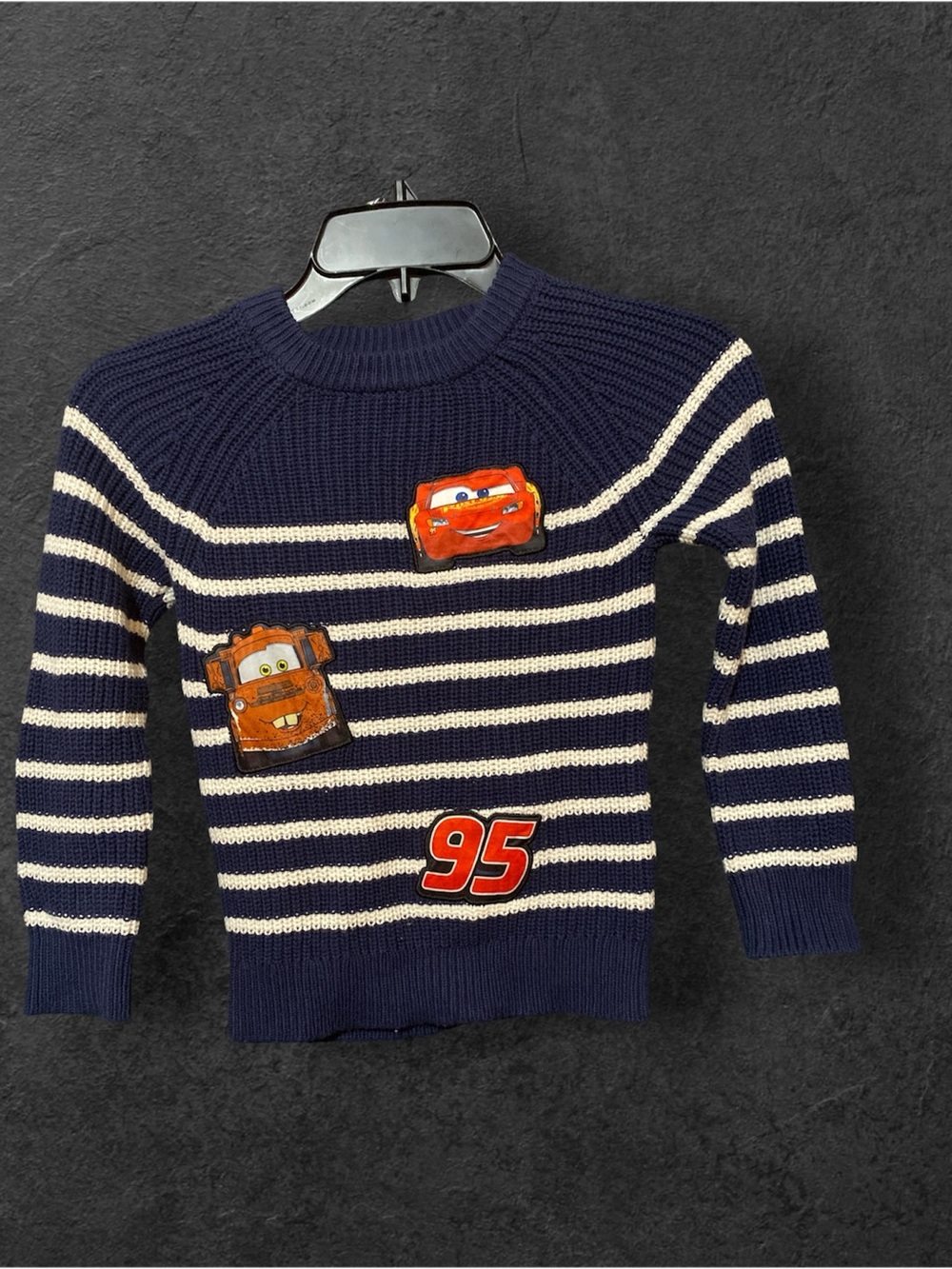 Disney Navy & White Striped Crewneck Sweater with Cars Patches
